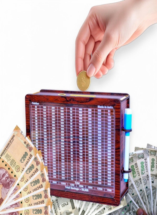 فيدلايز حصالة نقود خشبية من فيدليز للأطفال من عمر سنتين إلى ست سنوات، صندوق تحدي الادخار، صندوق نقود، هدية تعليمية للأطفال (حامل أقلام بقيمة 50,000 روبية) - Image 1